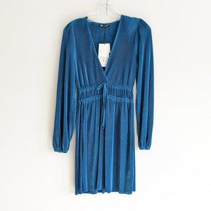 Zara Pleated Long Sleeve Dress Medium Blue